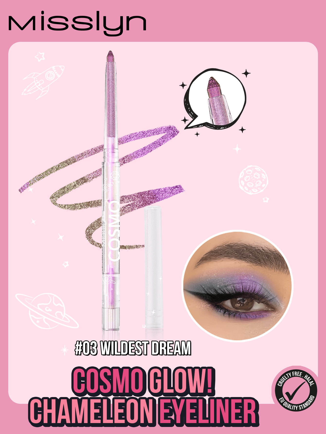 MISSLYN 1入 COSMO GLOW! 變色龍眼線筆，金屬色調變色多色光澤，高顯色不暈染防水，長效持妝防汗純素無動物實驗，適用於冬季Y2K、畢業季、夏季秋季派對旅行，眼部彩妝，新年禮物 - 03 Wildest Dream - 查看 1