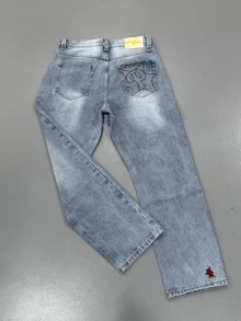 Jeans holgados y acampanados de estilo vintage para hombres con detalles de borde crudo - Denim azul, estilo callejero, lavable a máquina, cómodo durante todo el año, con patrones bordados, detalles de estilo de alta calle, pantalones vaqueros de ropa de calle | Denim de estilo callejero | Pantalones vaqueros de unicolor