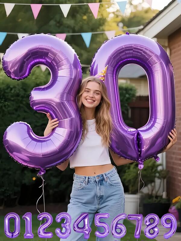 1個 32/40インチ パープル 無地 アルミ数字バルーン、0-9 大サイズ ポリエステル製 数字バルーン、装飾用バルーン、再利用可能、誕生日 パーティー 周年記念 部屋の装飾 結婚記念日 パーティー用品に適しています