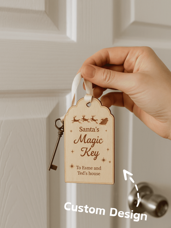 1 Piece Large Wooden Santa Magic Key With Vintage Metal Key Accessory, Rustic Christmas Decoration With Engraved Reindeer And Sleigh Design, Hanging Ornament With Ribbon Detail For Holiday Party Home Door Wall Tree Decor Gift,Birthday Gift