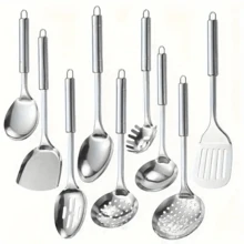 7/9 Pcs Cooking Utensils Set, Stainless Steel Kitchen Utensils, Heat Resistant Metal Kitchen Tools Include Solid & Slotted Turner Wok Spatula, Serving Spoon, Ergonomic Handle, Easy To Clean - 9pcs - View 11