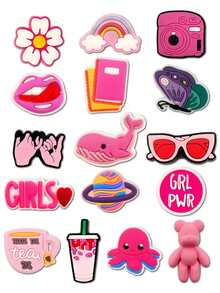 16入組粉紅色系列主題圖案可愛鞋扣,適用於鱷魚扣diy裝飾,筆袋,包包,手機殼配飾和派對禮物