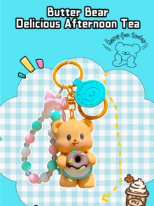 Adorable Butter Bear Keychain Pendant, Cartoon 3D Shape, Cute Butter Bear with Donut, Colorful Beads and Bow, Unique Design for Bag, Purse, or Key Ring, Fun and Whimsical Fashion Accessory for All Ages, Perfect for Daily, Travel, Use, Whimift for Herute Ato7, Cute Ato7, - 奶油小熊 - 查看 3