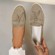 Women's Fashion Solid Color Round Toe Slip-On Loafers, Casual Outdoor Fringe Buckle Decor Soft Bottom Comfortable Ballet Flats - Khaki - View 14
