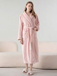 1PC Winter-Spring Thick Version Men's And Women's Bathrobe, Solid Color Simple Long Style With Pockets, Suitable As Halloween/Valentine's Day Gifts,Thickened,Flannelette,FlannelWarm Winter Decora