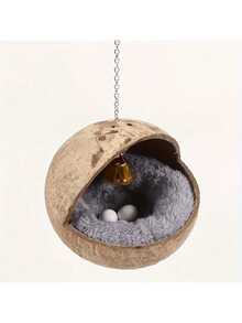 Natural Small Pet Coconut Shell Bird Nest, House, Bed, Breeding Nesting, Anti-Chew, With Warm Pad And Bell For Parrots, Cockatiel, Finches (Model A, One Size, No Pad, Random Bell Color)