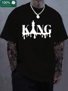 220 Grams Round Neck Short Sleeve Men's T-Shirt, Creative Printing Pattern, Simple Design, Knitting Process, Soft And Comfortable, Suitable For Campus Wear, Party Gathering, Daily Wear, A Good Choice For Family And Friends - 黑色 - 查看 1