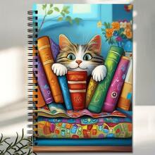 Cuaderno de espiral con tapa dura - 5.5x8.3in, con rayas, con diseño adorable de gatito y pila de libros coloridos, regalo perfecto para mujeres, maestros y estudiantes