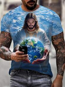 Men's 3D Jesus Earth And Clouds T-Shirt - Casual Crew Neck Short Sleeve Top, Outdoor Everyday Wear, Machine Washable, All-Season Comfort, Fashionable Print, Soft Fabric, Street Style - 白色 - 查看 1