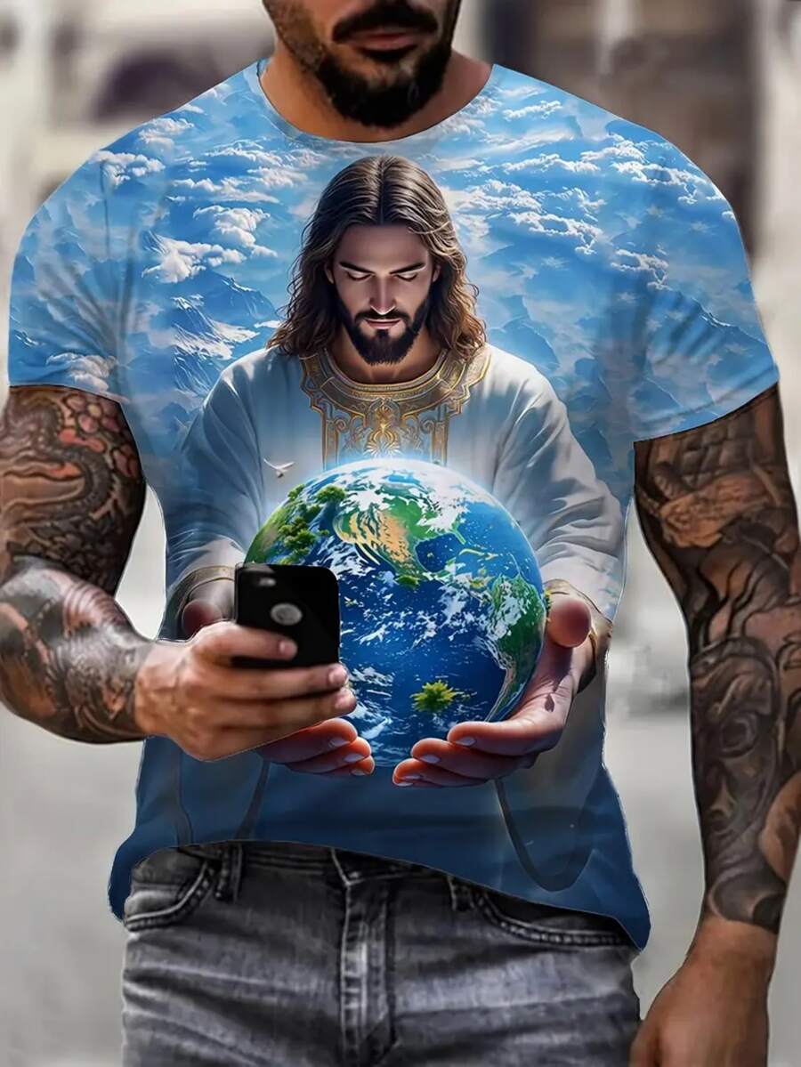 Men's 3D Jesus Earth And Clouds T-Shirt - Casual Crew Neck Short Sleeve Top, Outdoor Everyday Wear, Machine Washable, All-Season Comfort, Fashionable Print, Soft Fabric, Street Style - 白色 - 查看 1
