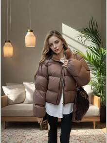Petite Girl 女式冬季羽绒夹克轻薄绗缝立领长袖宽松拉链纽扣外套 - 巧克力棕 - 查看 6