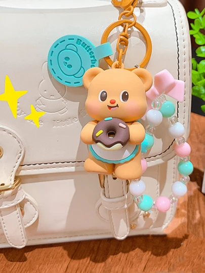 Adorable Butter Bear Keychain Pendant, Cartoon 3D Shape, Cute Butter Bear with Donut, Colorful Beads and Bow, Unique Design for Bag, Purse, or Key Ring, Fun and Whimsical Fashion Accessory for All Ages, Perfect for Daily, Travel, Use, Whimift for Herute Ato7, Cute Ato7,