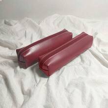 INS风格仿皮铅笔盒，酒红色/黑色简约拉链铅笔盒，大容量学生文具收纳袋