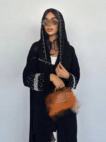 女士迪拜水钻串珠开衫长袍（含头巾） - 黑色 - 查看 5