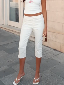 Women Casual Capri Pants, Low Waist Zebra Stripes/Solid Color 3/4 Leggings For Daily Wear Fitness Workout - 白色 - 查看 2