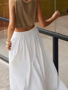 Women's Solid Color Casual Elegant Back Zipper Pocket A-Line Skirt, Suitable For Wedding Occasions White Spring - White - View 5