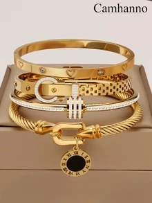 Camhanno 4pcs Exquisite And Fashionable Stainless Steel Bracelet Set, Elegant, Is The Perfect Choice For Showcasing Charm On Dates - Multicolor - View 13