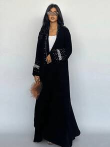 女士迪拜水钻串珠开衫长袍（含头巾） - 黑色 - 查看 6