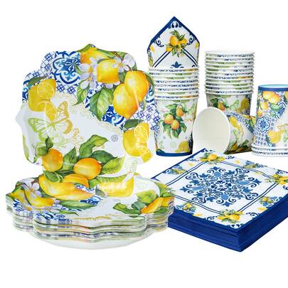 10 Stücke /25 Stücke Einweg-Geschirr Set, 7"/9" Zitronen- & Schmetterlings-Blumen-förmige Einweg-Pappteller Party Zubehör, Geburtstags Einweg-Teller, -Becher und -Servietten, Party Dekorationen, Einweg-Party, Geburtstags-Party Zusammenkunft, Geschenk-Party, Feier Dekorationen