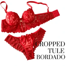 Elegant Cropped Lingerie Set Women's Cropped With Padded Tulle Embroidery Women's Cropped Corset With Underwire Non-Removable Padding Embroidery Push-Up Bra Fresh Breathable High Support Medium Support Women's Lingerie Set - 紅色 - 查看 2