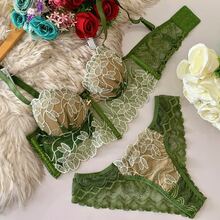 Elegant Cropped Lingerie Set Women's Cropped With Padded Tulle Embroidery Women's Cropped Corset With Underwire Non-Removable Padding Embroidery Push-Up Bra Fresh Breathable High Support Medium Support Women's Lingerie Set - 墨綠色 - 查看 2