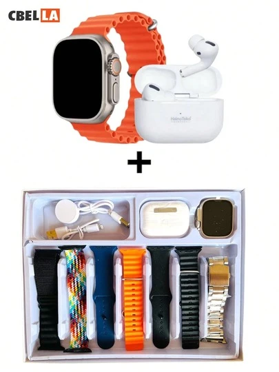 CasaBella Conjunto de reloj inteligente, equipado con auriculares Bluetooth, reloj inteligente, 7 correas, adecuado para hombres y mujeres, con carga inalámbrica y llamadas Bluetooth, admite monitoreo de 256 deportes, regalos de Halloween y Navidad