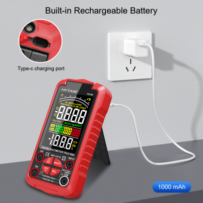 HYTAIS [Multímetro Inteligente] Multímetro Digital Inteligente, Bateria Integrada, Voltímetro com Ajuste Automático para Tensão, Corrente, Capacitância, Resistência, Ciclo de Trabalho e Teste de Temperatura, 6000 Contagens, Caixa de ABS Preta, Display LCD Colorido, Testador Elétrico Profissional
