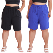 2-Piece Women's Bermuda Shorts Plus Size Duna Fabric Comfortable Fashion Kit - 黑色和皇家藍 - 查看 1