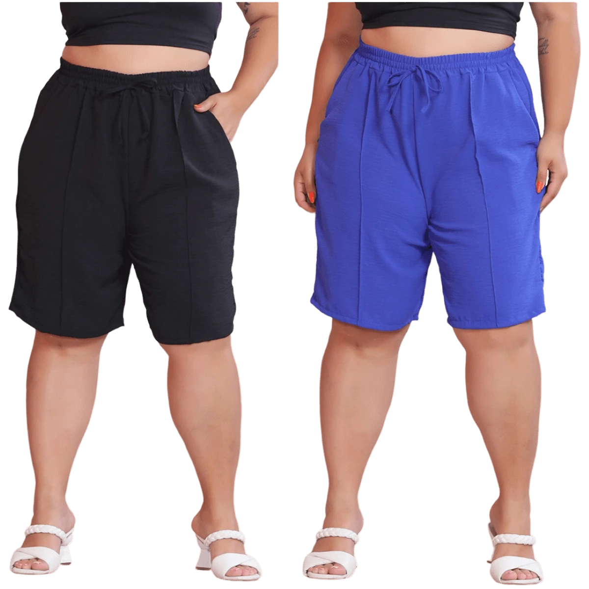 2-Piece Women's Bermuda Shorts Plus Size Duna Fabric Comfortable Fashion Kit - 黑色和皇家藍 - 查看 1