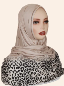 1pc Women's Fashion Muslim Scarf Hijab With Rhinestone, Leopard Print Gradient Color Long Shawl Wrap, Elegant Malaysian Headscarf