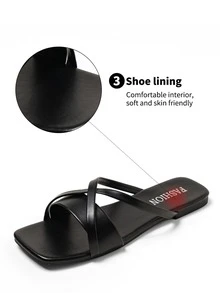 Wide Fit, 2025 Summer Women Square Toe Flat Sandals | Minimalist Criss-Cross Strap Slip-On | Lightweight Soft Bottom Breathable Design | Cushioned Insole Beach & Daily Comfortable Sandals - Black - View 9