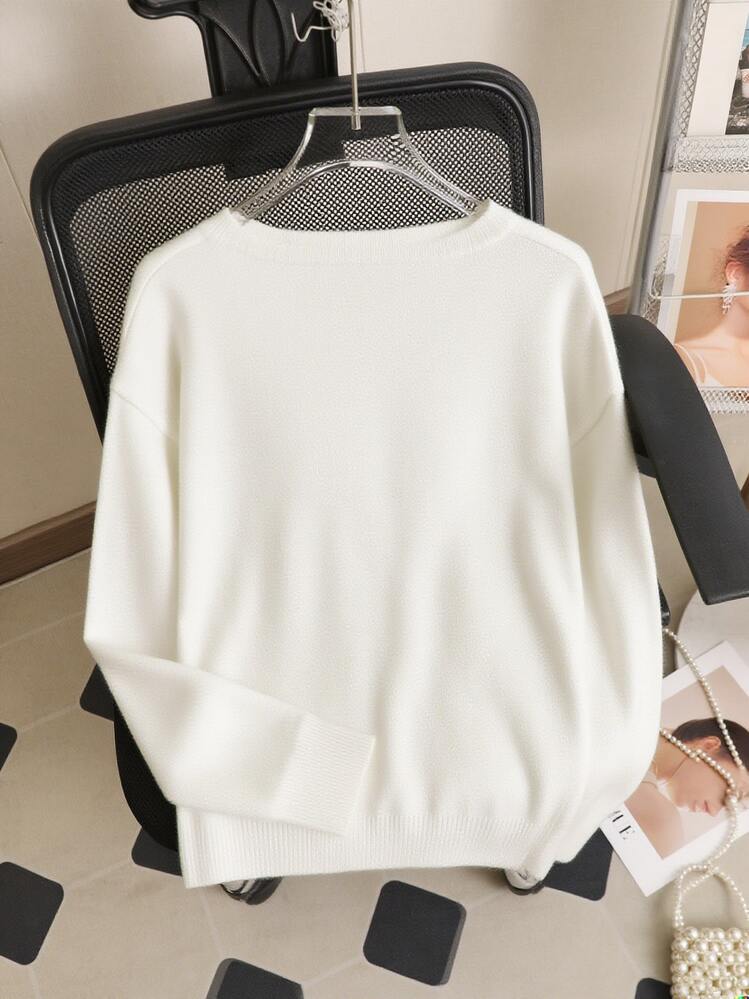 GIGOGOU Suéter básico de punto de unicolor con cuello en V delgado para mujer, informal, de manga larga, suave y cálido para uso diario, primavera y otoño, color blanco - Blanco - Añade 2