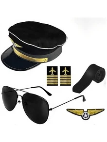 6 piezas Juego de disfraz de piloto de línea aérea capitán con gafas, sombrero y corbata, conjunto de accesorios de disfraz de comandante de aeronave para disfrazarse de aviación en Halloween