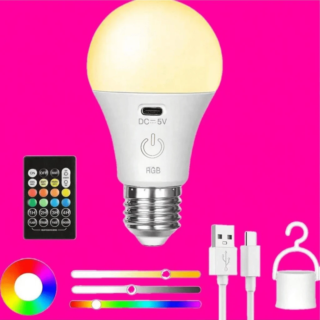 2 个智能遥控 RGB LED 灯泡，高容量电池，持久耐用，带遥控器，可充电 LED 灯泡，可拆卸，氛围灯，台灯，壁灯，球灯，应急灯，15 种彩色灯，USB 充电 LED 灯泡带挂钩 - 便携式高亮度，适用于卧室、客厅，可与遥控器一起使用，适用于各种灯具、户外、露营，多种颜色和白色可调