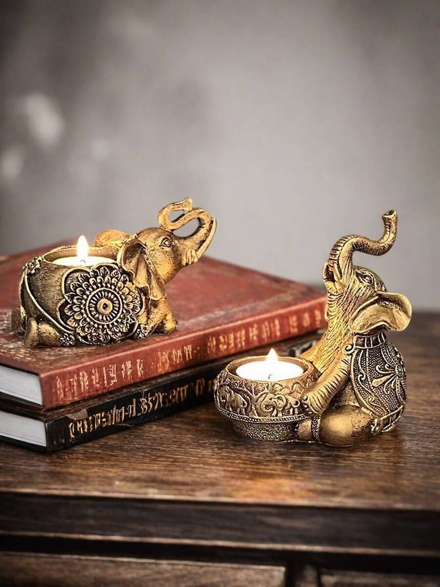 1 pieza Soporte de vela de elefante vintage dorado - Figura decorativa esculpida en posición sentada o acostada, soporte de luz de té para dormitorio, sala de estar, regalo de graduación o inauguración de la casa - Multicolor - Ver 1