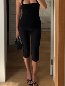 Women Casual Capri Pants, Low Waist Zebra Stripes/Solid Color 3/4 Leggings For Daily Wear Fitness Workout - 黑色 - 查看 3