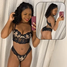 Elegant Cropped Lingerie Set Women's Cropped With Padded Tulle Embroidery Women's Cropped Corset With Underwire Non-Removable Padding Embroidery Push-Up Bra Fresh Breathable High Support Medium Support Women's Lingerie Set - 黑色 - 查看 4