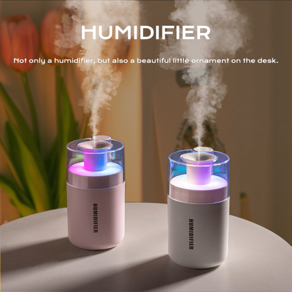 1. Un humidificador de niebla fría portátil, alimentado por USB, un humidificador de escritorio de alta humedad, con luz LED de pulverización, un difusor de aromas multifuncional, funciona en silencio, se apaga automáticamente cuando el nivel de agua es bajo, adecuado para usar en toda la casa, decoración del hogar, accesorios de iluminación para el dormitorio, un regalo ideal para cumpleaños, San Valentín y Navidad.