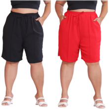 2-Piece Women's Bermuda Shorts Plus Size Duna Fabric Comfortable Fashion Kit - 黑色和紅色 - 查看 1