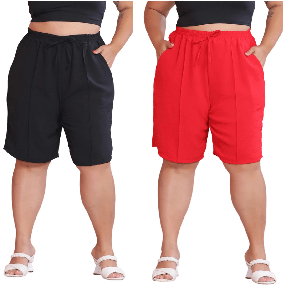 2-Piece Women's Bermuda Shorts Plus Size Duna Fabric Comfortable Fashion Kit - 黑色和紅色 - 查看 1