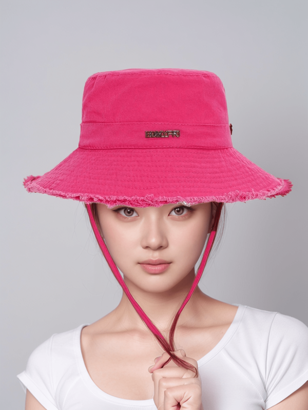 Korean Style Metal Letter Decor Frayed Brim Bucket Hat, Women Summer Outdoor Hiking Sun Protection Cap Fall
