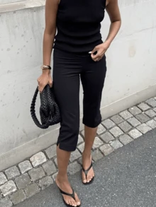 Women Casual Capri Pants, Low Waist Zebra Stripes/Solid Color 3/4 Leggings For Daily Wear Fitness Workout - 黑色 - 查看 1