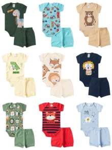 Kit 8 Peças Body Bebê Manga Curta e Shorts Sortidos 100% algodao - 4 Conjuntos - Azul Royal - Visão 3