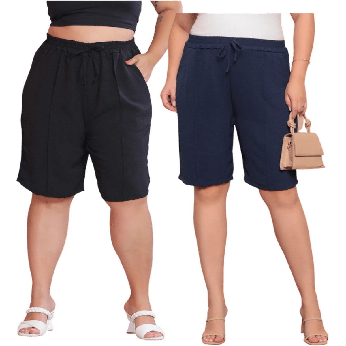 2-Piece Women's Bermuda Shorts Plus Size Duna Fabric Comfortable Fashion Kit - 黑色和海軍藍 - 查看 1