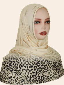1pc Women's Fashion Muslim Scarf Hijab With Rhinestone, Leopard Print Gradient Color Long Shawl Wrap, Elegant Malaysian Headscarf