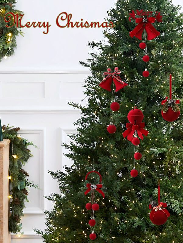 1pc Christmas Ornaments, Flocked Red Ball Ornaments, Hanging Christmas Bells Tree Decorations, Holiday Party Window Fireplace Wreath Decor Holiday Decoration Set