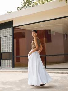 Women's Solid Color Casual Elegant Back Zipper Pocket A-Line Skirt, Suitable For Wedding Occasions White Spring - White - View 4