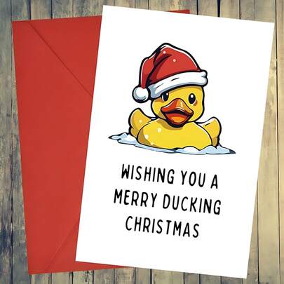 1pc Whimsical Duck In Santa Hat Christmas Greeting Card - "Wishing You A Merry Ducking Christmas" - Ideal For Anyone, Festive Holiday Wishes, Christmas Cards