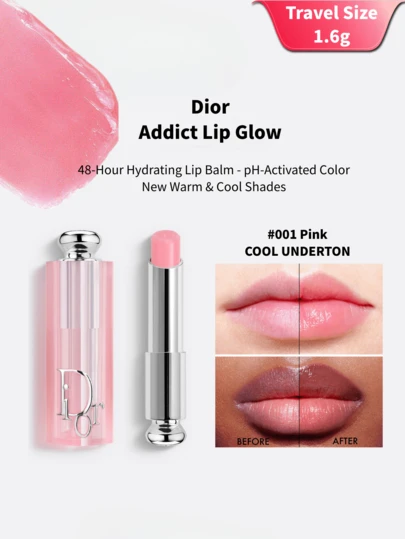  [Travel Size - 1.6g | #001 Pink Cool Tone] Dior Addict Lip Glow, 48-Hour Moisturizing Lip Balm - PH-Activated Color, All-New Cool & Warm Tones