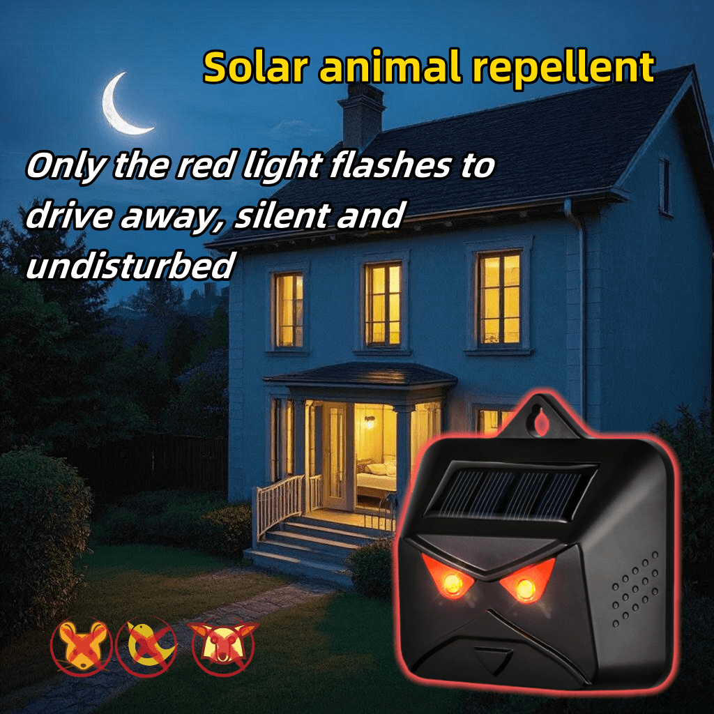 Repelente de animales con energía solar, disuasivo de luz intermitente, repelente físico silencioso. Se carga con energía solar durante el día y emite luces intermitentes automáticamente en entornos oscuros por la noche. Repele ratones, serpientes, perros callejeros, gatos salvajes y otros animales. Adecuado para granjas, patios, jardines, plantaciones de té y otros escenarios.